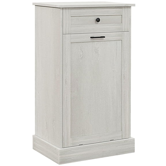 Trash Cans HOMCOM Kitchen Tilt Out Trash Bin Cabinet Free Standing Recycling Cabinet Trash Can Holder With Drawer, Light Gray,Kitchen Trash Cans