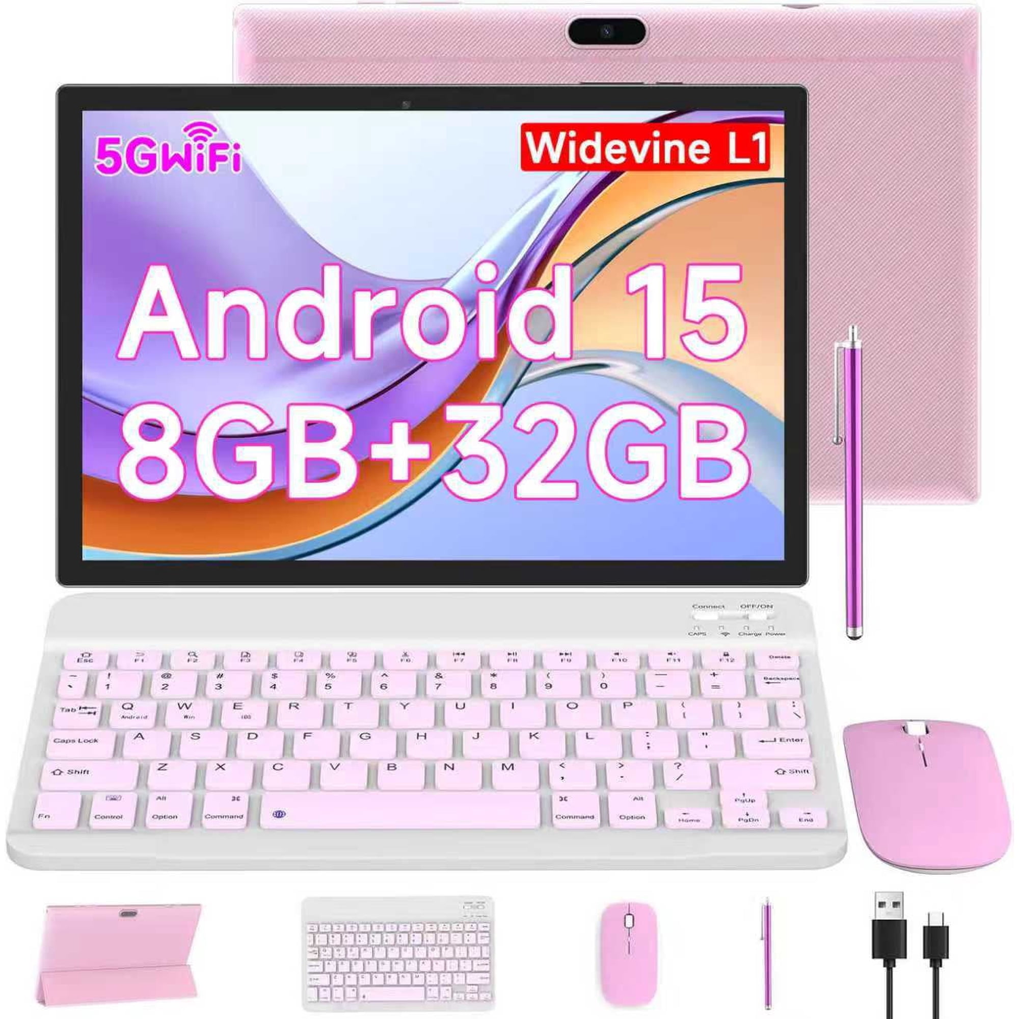 Tablet 10.1 Inch Android 15.0 OS, 2 in 1 Tablets, 32GB ROM+8GB RAM, 8MP Camera, Quad-core Processor, 6000mAh Battery, 1280*800 FHD, Include Keyboard, Mouse, Case, Stylus