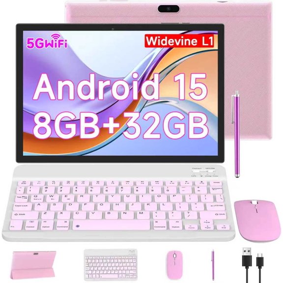 Tablet 10.1 Inch Android 15.0 OS, 2 in 1 Tablets, 32GB ROM 8GB RAM, 8MP Camera, Quad-core Processor, 6000mAh Battery, 1280*800 FHD, Include Keyboard, Mouse, Case, Stylus