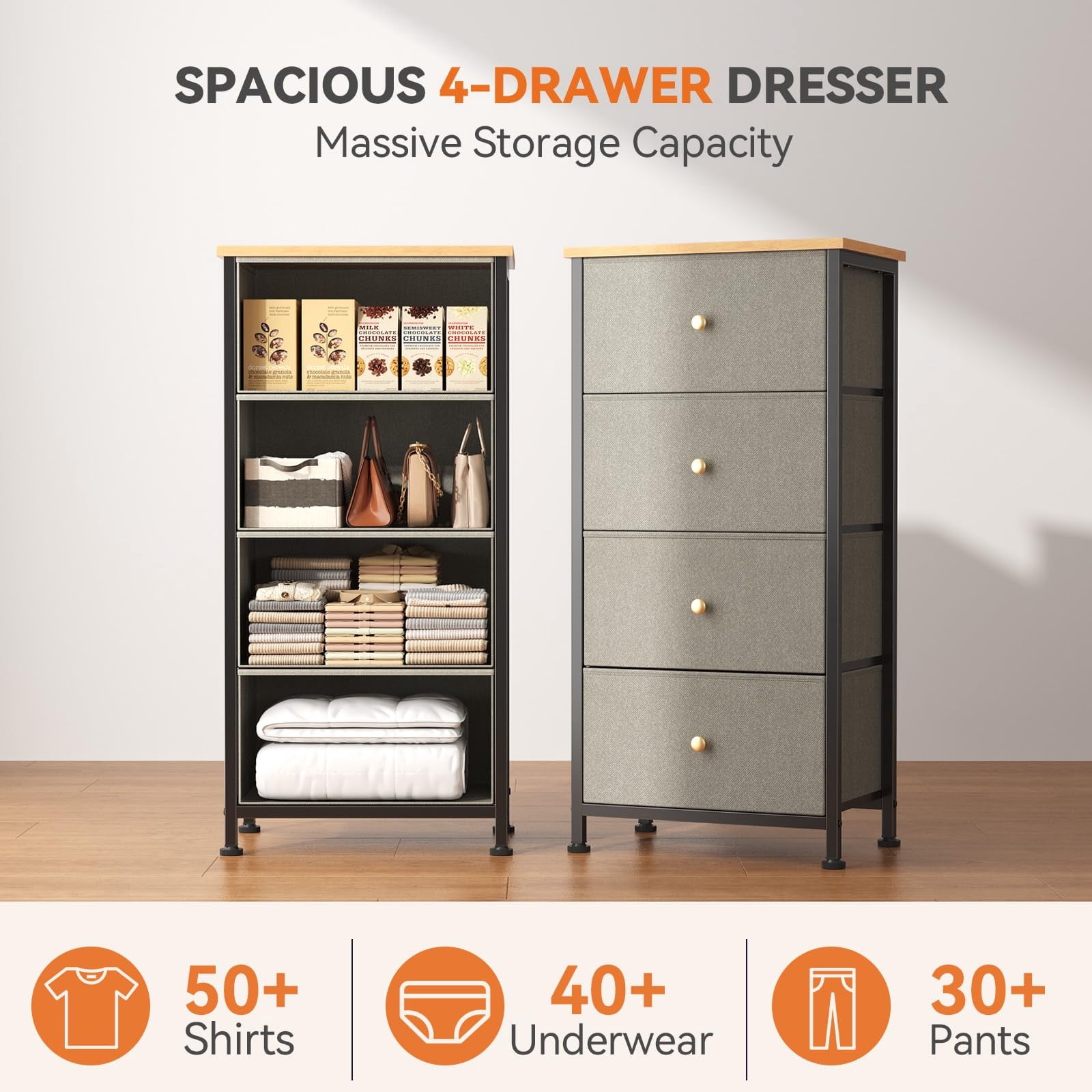 Telyra 4-Drawer Fabric Dresser 37.4" Tall Storage Tower with Wood Top and Steel Frame Narrow Organizer, Greyish Green