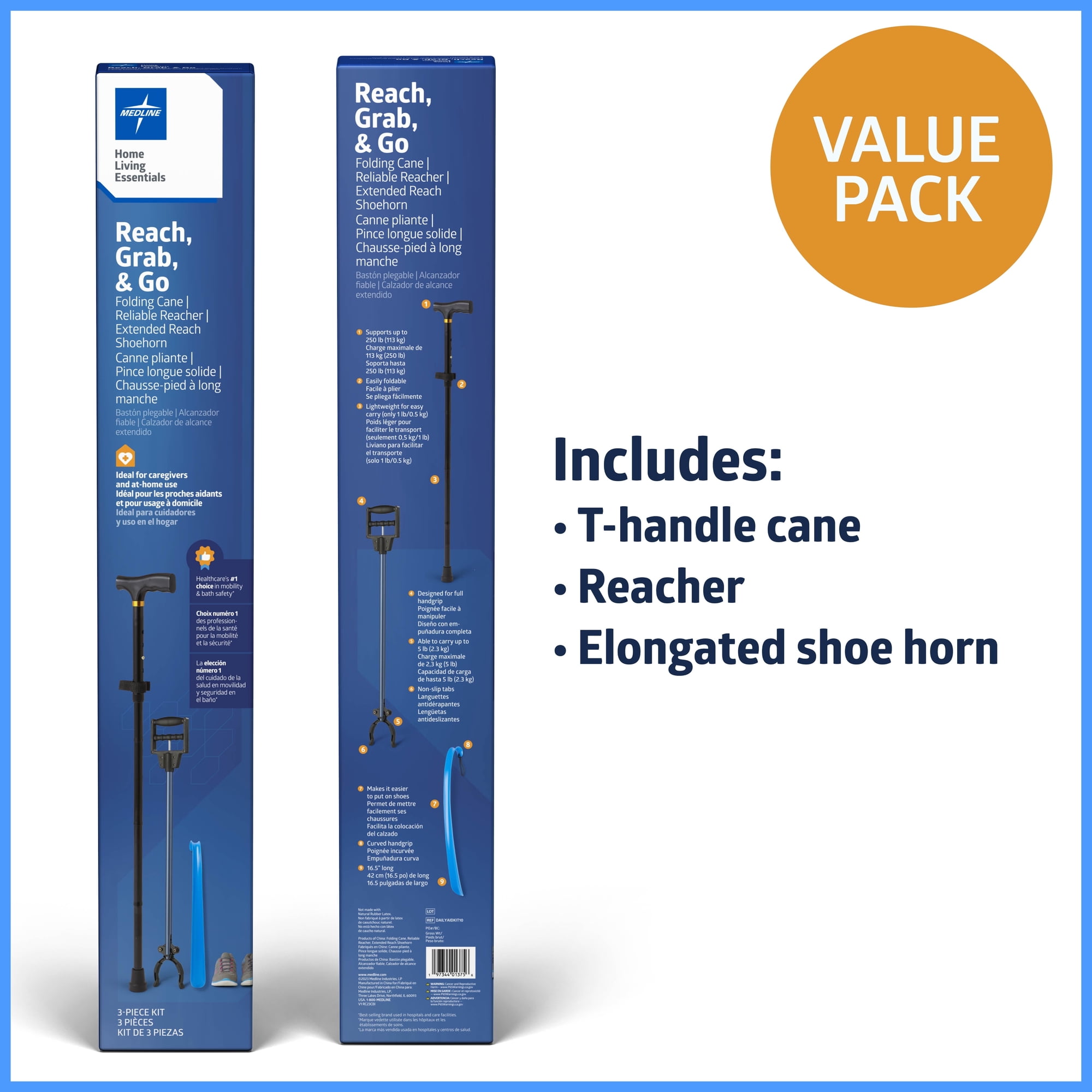 Medline Multi‑Tool Mobility Kit with Folding Cane, Reaching Aid and Shoe Horn for Seniors and Adults