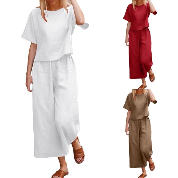felwors Generic Two Piece Linen Sets for Women Matching Sets Travel Lounge Sets Summer Vacation Outfits Solid Top Wide Leg Pant Suit(White, L)