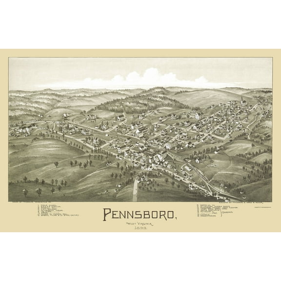 Historic Panoramic View - Pennsboro West Virginia - Fowler 1899 - Vintage Wall Art