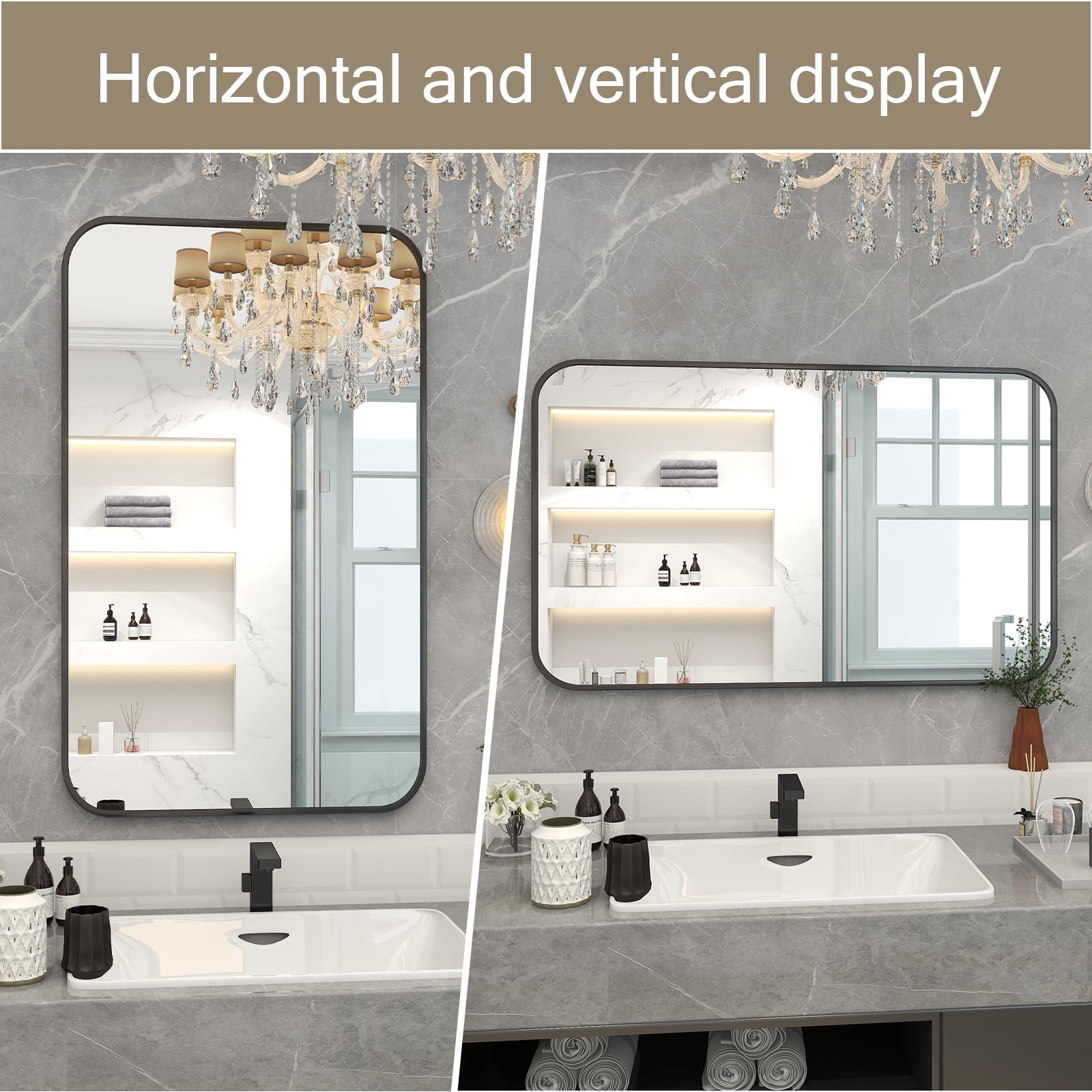 GRAHMCY 24"x36" Bathroom Mirror Wall-Mounted Vanity Mirror with Rectangular Metal Frame, Black