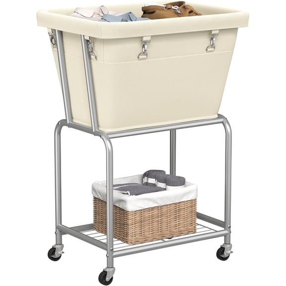 Laundry Cart with Wheels, Rolling Laundry Hamper with Removable Bag and Shelf, Metal Frame Laundry Basket with 4 Casters and 2 Brakes, Ideal for Bedroom, Bathroom, Laundry Room, Cream