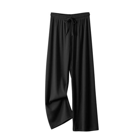 Brglopf Women Casual Ribbed Wide Leg Pants with Pockets Lightweight Soft Comfy High Waisted Yoga Pants Lounge Pajama Trousers Black L