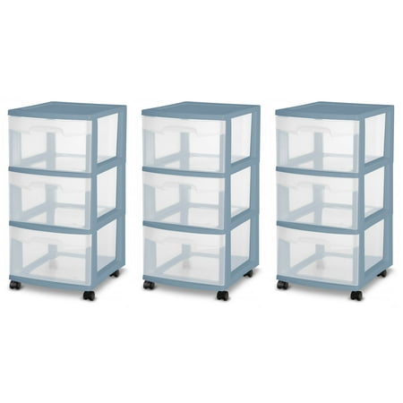 Sterilite 3 Drawer Blue Rolling Caster Wheel Home Organizer Storage Cart (3 Pack), Plastic