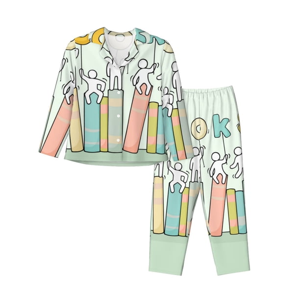 Balery Books Conjunto de Pijama con Estampado para Mujer, Conjunto de Dos Piezas con Manga Larga, Ropa de Dormir Suave con Bolsillos, Pijamas Cómodos-Medium