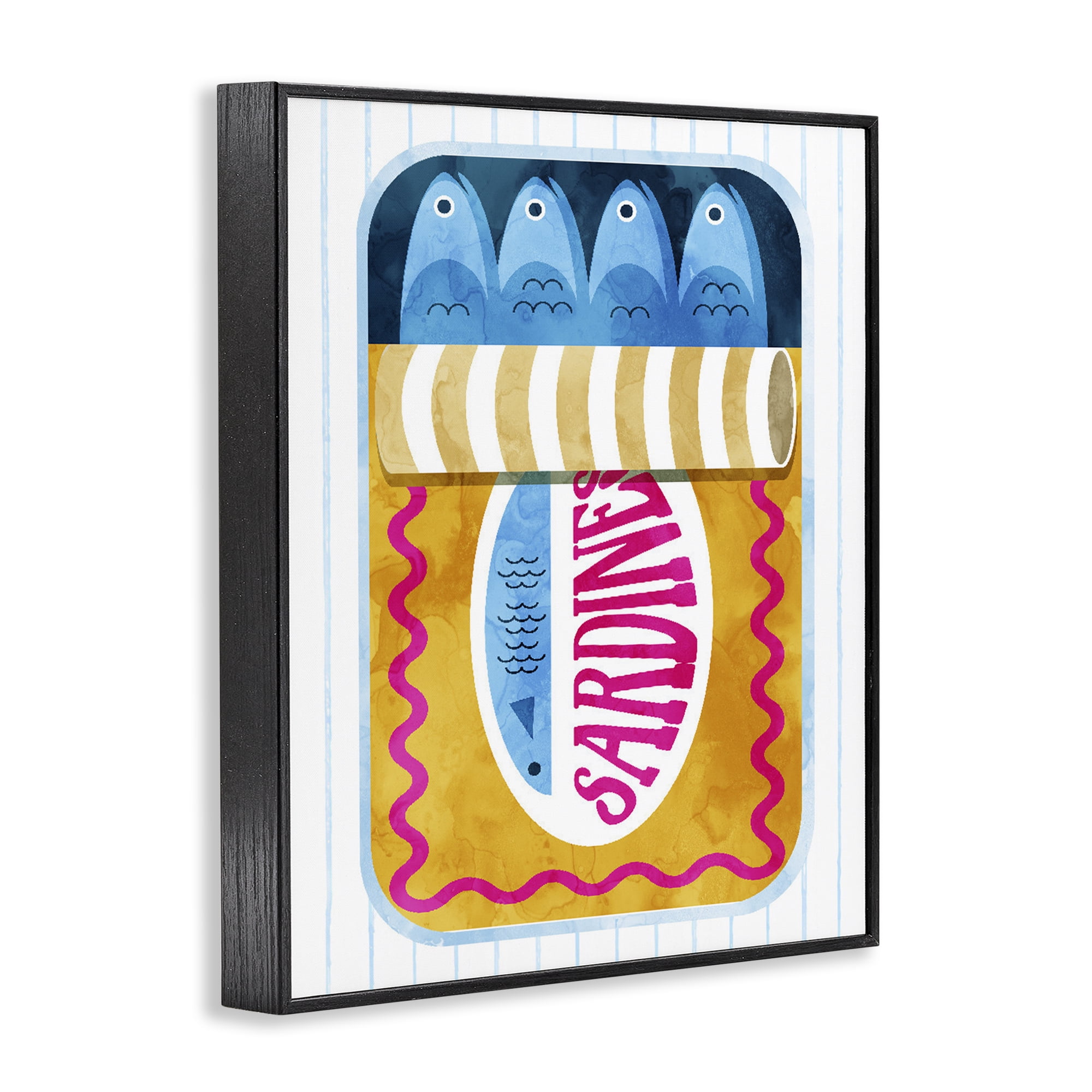 Yellow Sardine Tin over Stripes Black Framed Giclee Art, design by Daphne Polselli