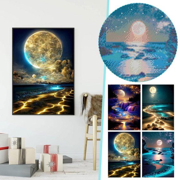 SSKFHGI DIY Beach Moonlight Painting Round Diamond Full Diamond Decoration Room
