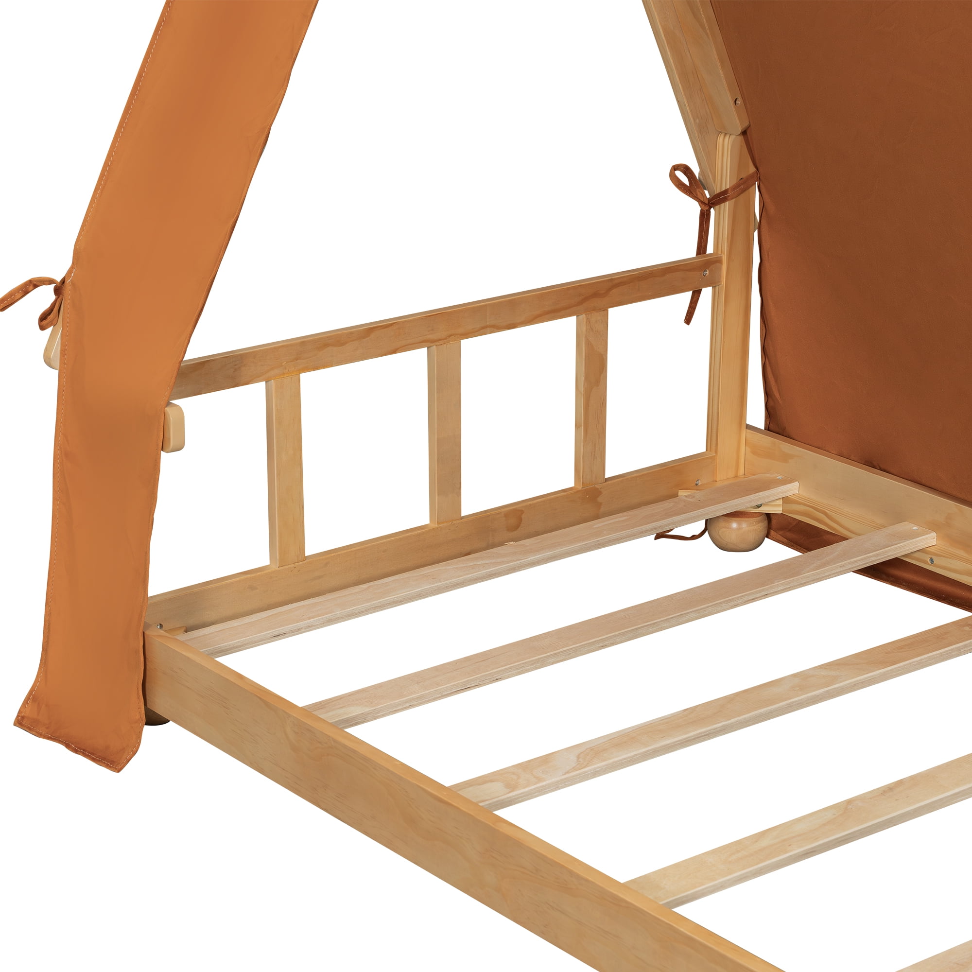 House Bed Twin Size, Wooden Floor Bed Frame with Detachable Tent and Skylight Light, MDF+LVL Construction for Kids Bedroom and Playroom, Brown