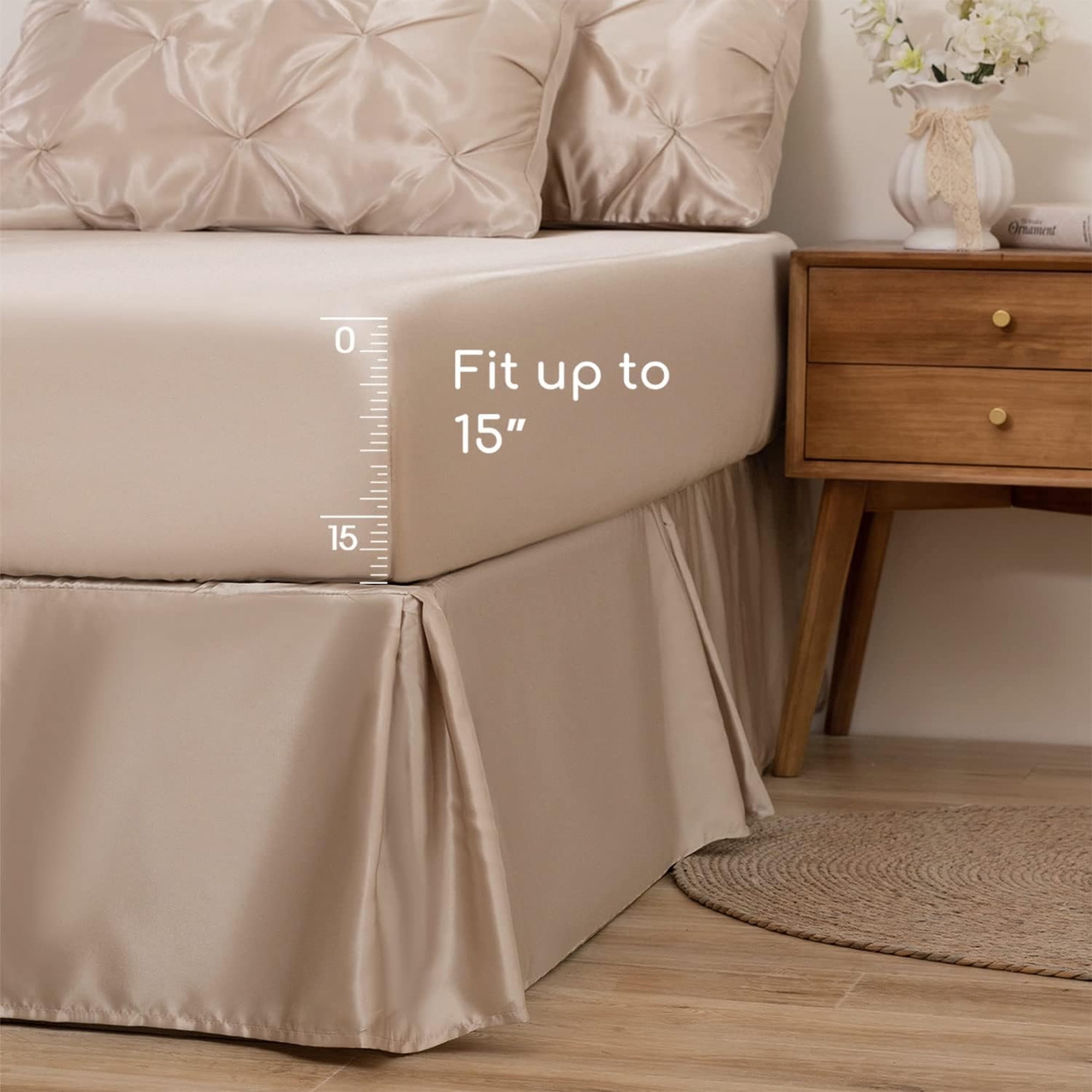 MR&HM Satin Comforter Set 7 Pieces Full Size - Luxurious Pinch Pleat Bed in a Bag with Satin Comforter, Satin Sheets, Satin Pillowcases & Shams, Silky Soft Bedding Set for All Seasons (Champagne)