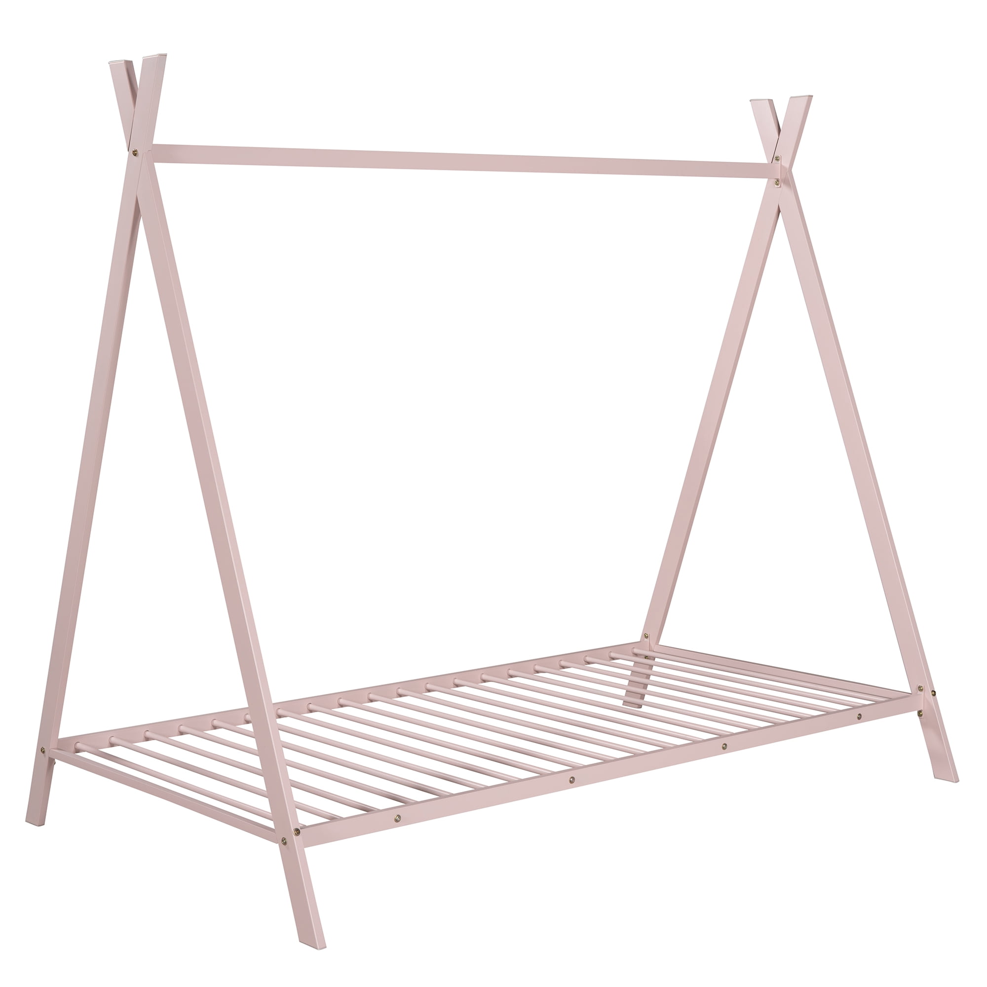 Gewnee Twin Size Metal Tent Bed Floor House Bed with with x-Shaped Frame for Kids,Pink
