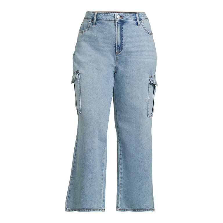 Terra & Sky Women's Plus Wide Leg Cargo Jeans, 30” Inseam