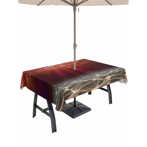 Outdoor Tablecloth with Umbrella Hole for Patio/Picnic/Party/Camping, Red Ocean Waves Waterproof Table Cloth Rectangle Table Cover Washable, Summer Beach Coastal Abstract (60"x 84")
