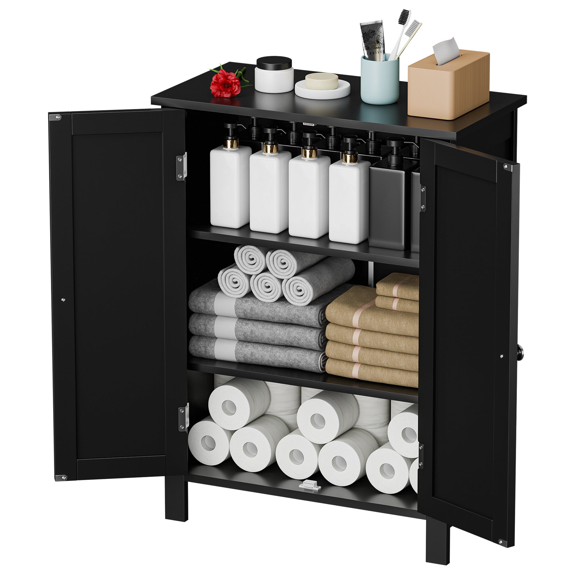 ZENY Wooden 2 Door Bathroom Cabinet Storage with 3 Shelves Free Standing, Black
