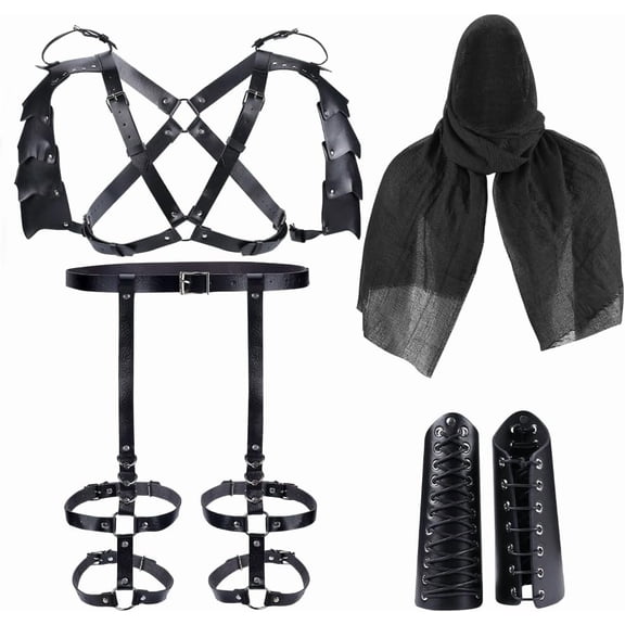 Medieval Knight PU Leather Leggings Corset Cinch Belt Shawl Men Renaissance Shoulder Cape Scarf Buckle Bracers Wrist Guard Retro Accessories for Cosplay Black diy