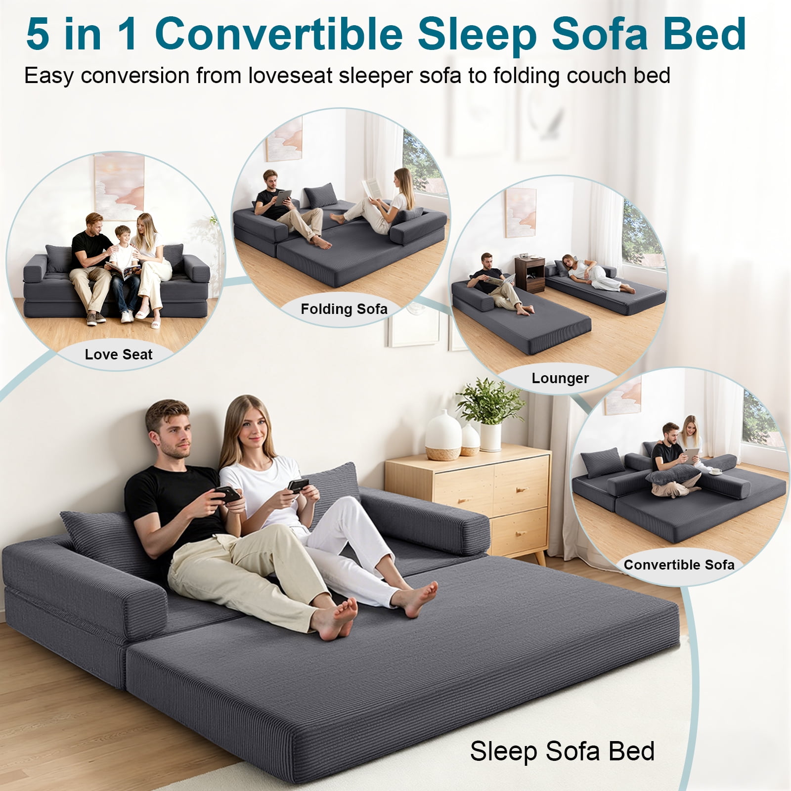 Hommpa 78" Convertible Sofa Bed Foldable Couch Bed Folding Mattress Couch, Sleeper Sofa with 3 Pillows with High Density Foam Filling, for Living Room for Holiday Festival Christmas Gift, Gray, King