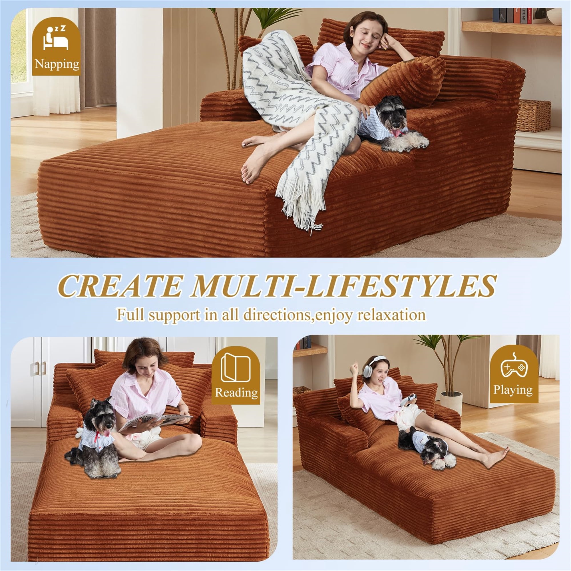 Aukfa 79" Extra Long Chaise Lounge Oversized Indoor Chair Boneless Couch for Living Room, 3Pillows, Orange