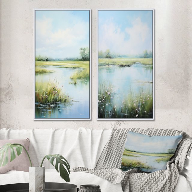 Designart "Meadow Calm Waters II" Meadow Framed Wall Art Set Of 2 - Green Landscapes Framed Canvas Set For Living Room Decor