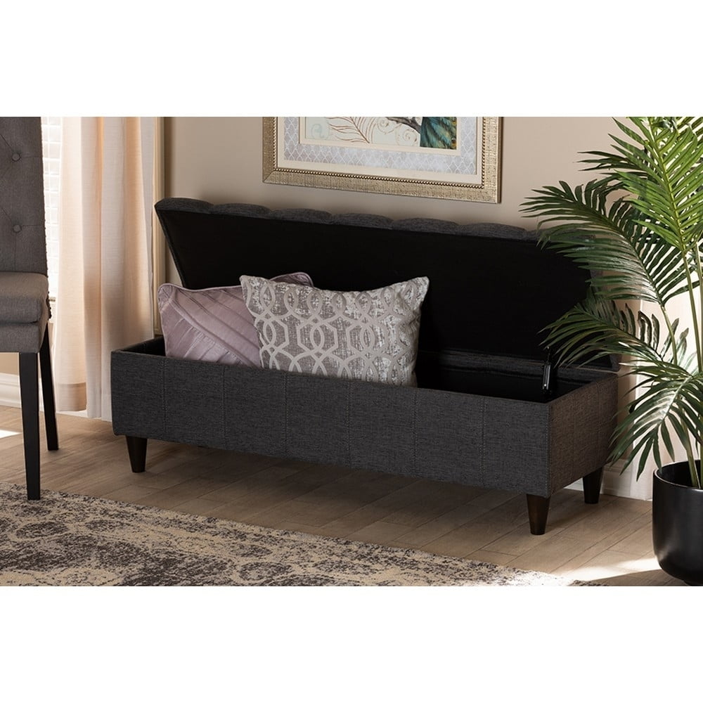 Brette Mid-Century Modern Charcoal Fabric Upholstered Dark Brown Finished Wood Storage Bench Ottoman