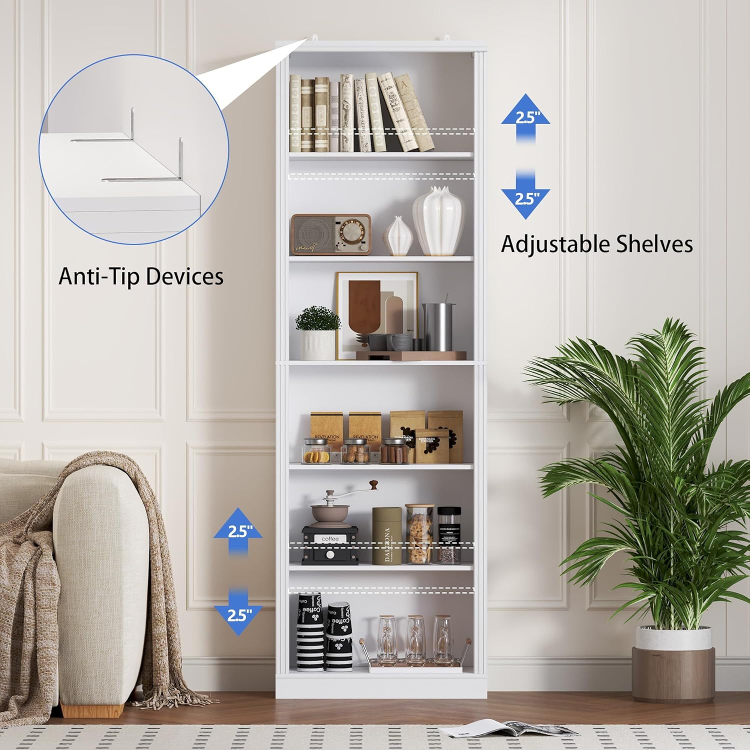 PUFFCAFE 75" Tall Bookcase,24" Wide Wood Book Shelf,6 Tier Display Storage Shelves,White Book Case for Home Office Living Room Bedroom Study,2 Pack