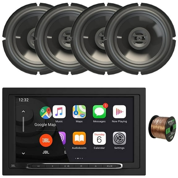 JBL Legend 700 7” Touchscreen Display Double-DIN Mechless Bluetooth AM/FM Receiver W/Wireless Apple CarPlay & Android Auto, 4x 6.5" 300W Max Power 3-Way Shallow Mount Car Audio Speakers W/50 FT. Wire
