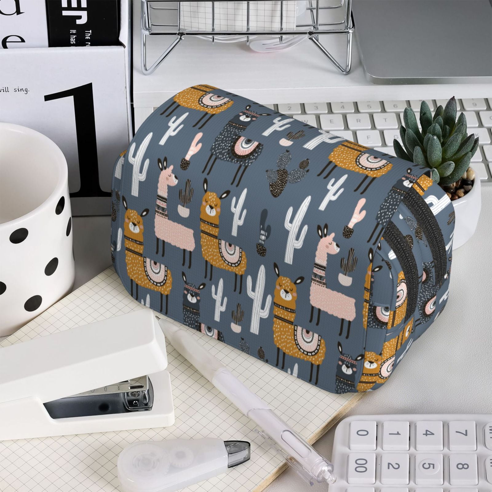Rateoe Llama and Cactus Pattern Double Clamshell Pen Case, Storage Organizer with Two Zipper Compartments– Holds Up to 50 Pencils & Pens