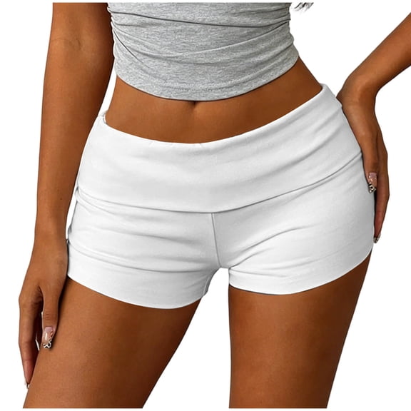 Hurxie Women's Low Elastic Waist Micro Shorts Fold Over Skinny Athletic Workout Shorts White,XL