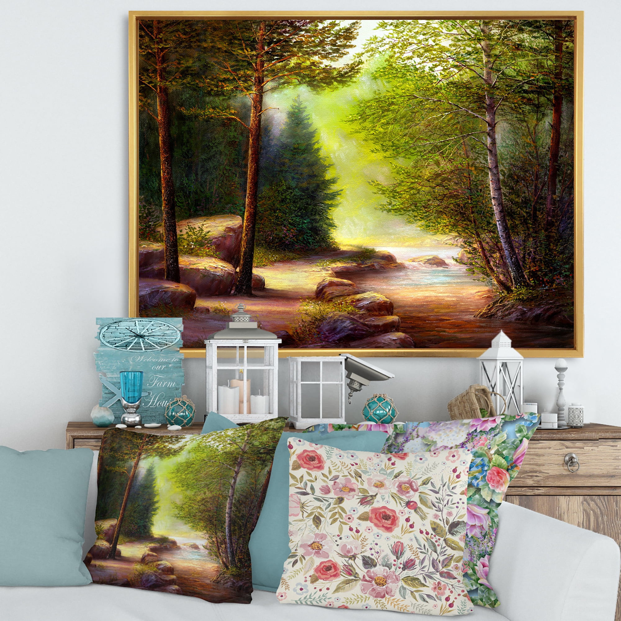 Designart 'Sunrise Glow Through The Spring Trees' Lake House Framed Canvas Wall Art Print