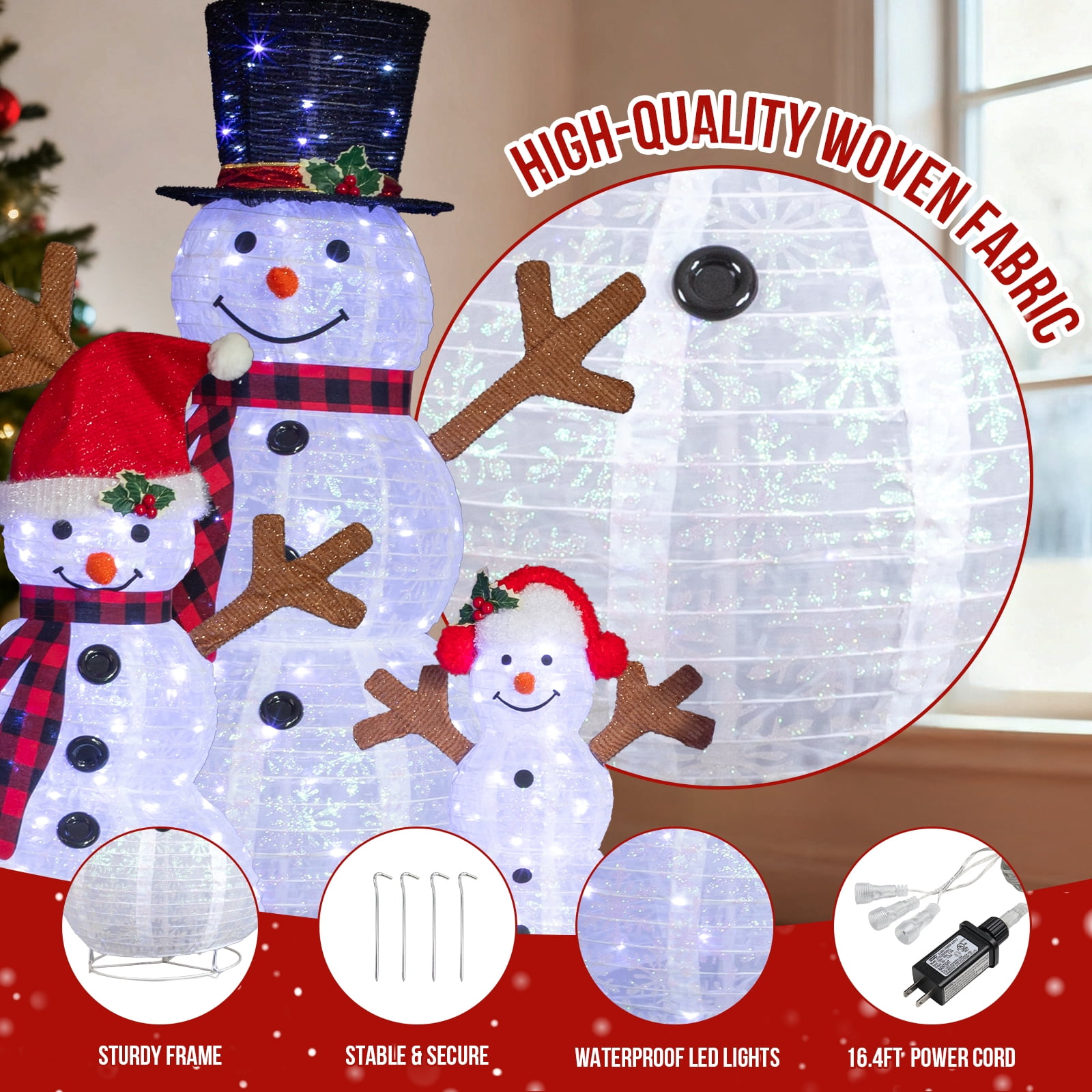 Astoutdoor Set of 3 Lighted Snowman Family Christmas Yard Decorations, 4 ft 3 ft 2 ft Pre-lit Pull Up Snowman with 270 White LEDs, for Indoor Outdoor Holiday Decor