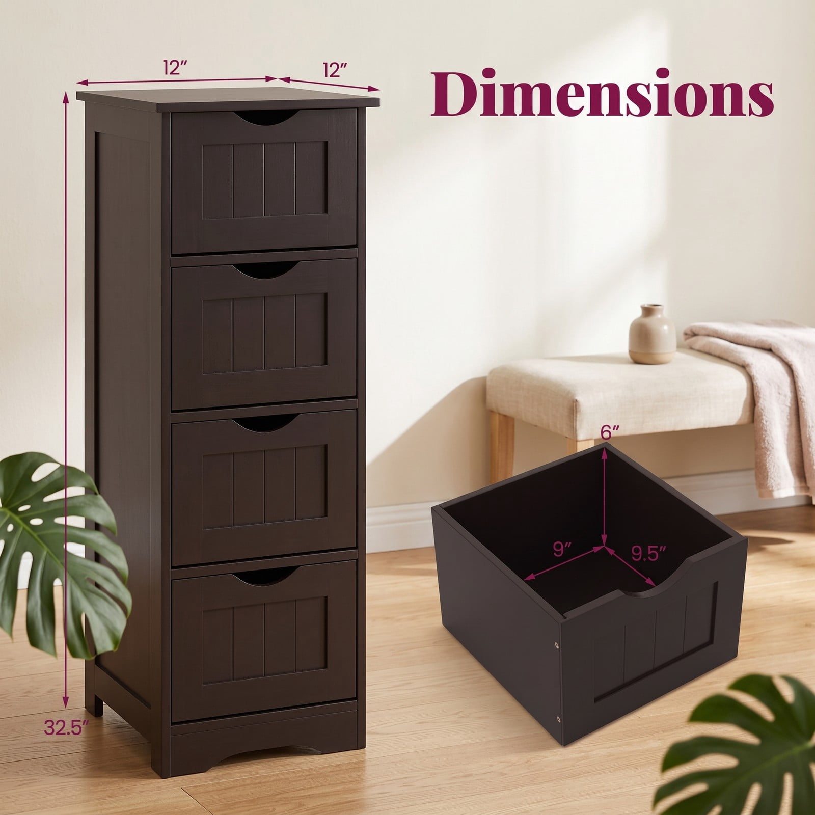 Fenbeli 4-Drawer Freestanding Floor Cabinet, Wooden Bathroom Storage Side Organizer with Anti-Toppling Device, Narrow Waterproof MDF Storage Tower for, Dark Brown