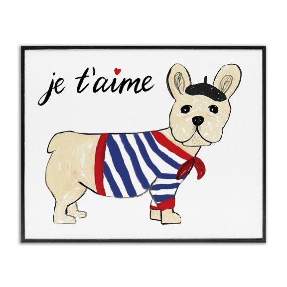 Stupell Industries Contemporary Je T'aime French Dog Wearing Beret Drawing Black Framed Giclee Art, 14 x 11, by Heather Strianese