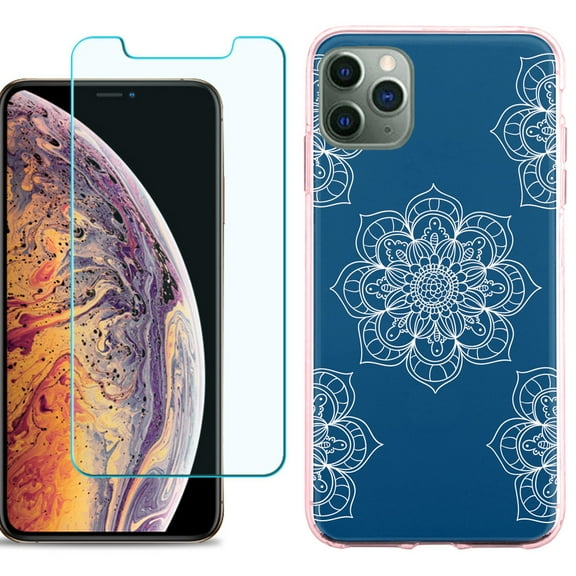 For Apple iPhone 11 Pro Max Case , Slim-Fit TPU Protective Phone Case (Pink Bezel) with Tempered Glass Screen Protector, by OneToughShield ® - Mandala / Blue