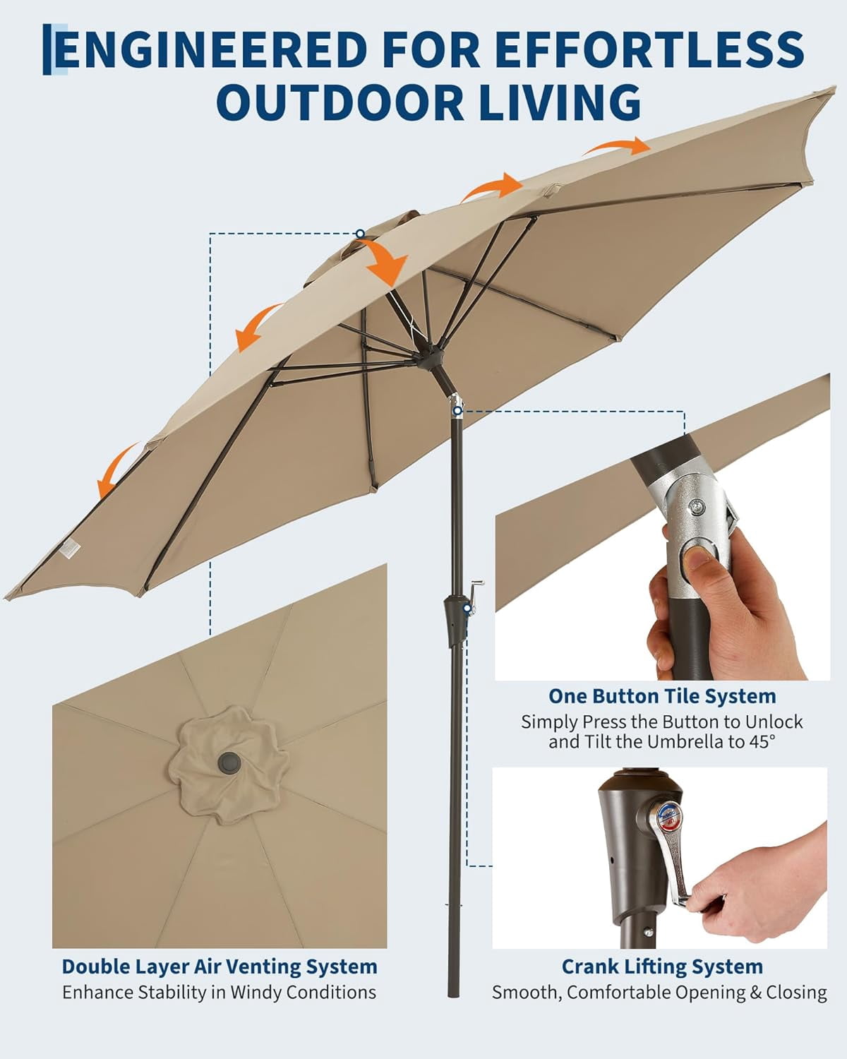 SOLLED 9FT Patio Umbrella with Push Button Tilt & Crank, Outdoor Market Table Umbrella with 8 Ribs for Garden Backyard Deck Pool,Brown
