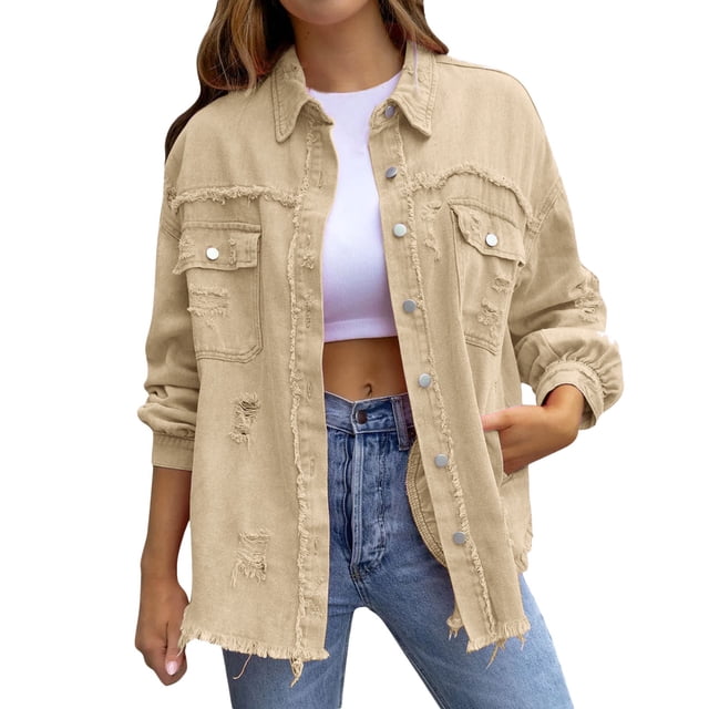 GDREDA Veste en Jean Déchirée à Franges pour Femmes, Délavée, Boutonnée, Effilochée, avec Poche, Kaki