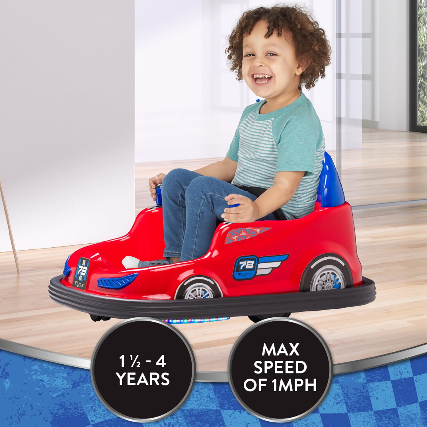 Kid Trax 6V Bumper Car Ride-On Toy, Red, 360° Spin with LED Lights, Soft Bumpers, Safety Belt
