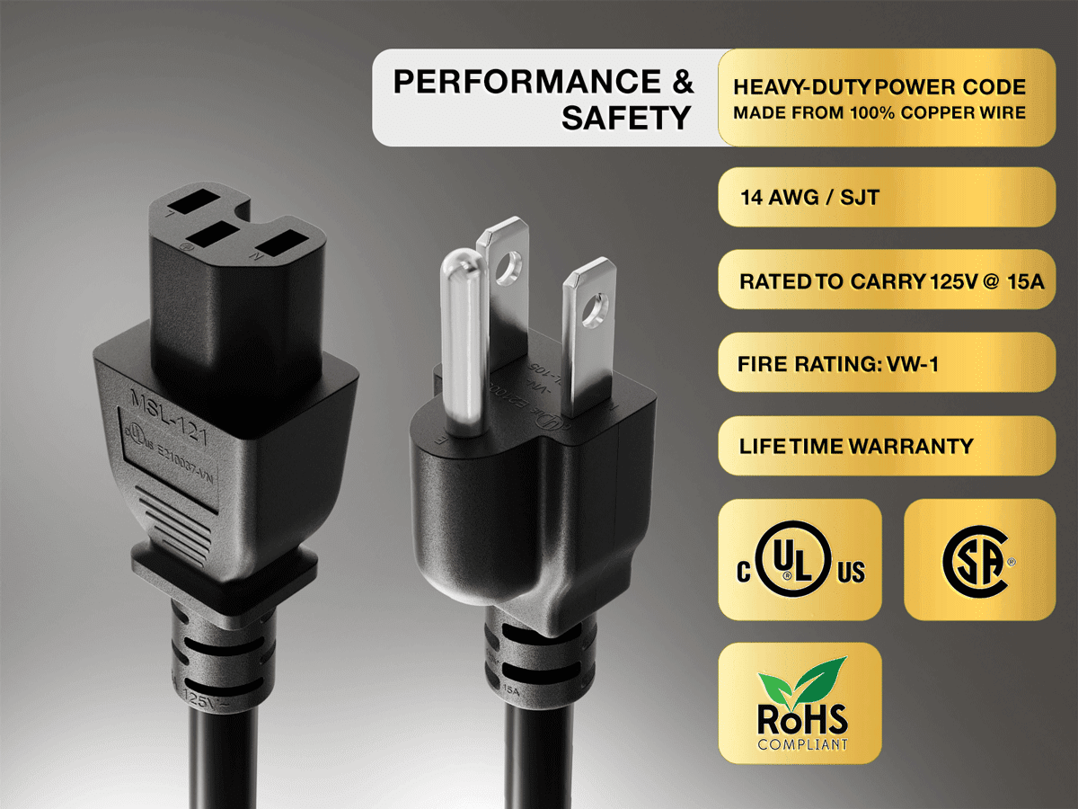 Cable Leader 15 feet 14 AWG 15A 125V Power Cord NEMA 5-15P to IEC320 C15