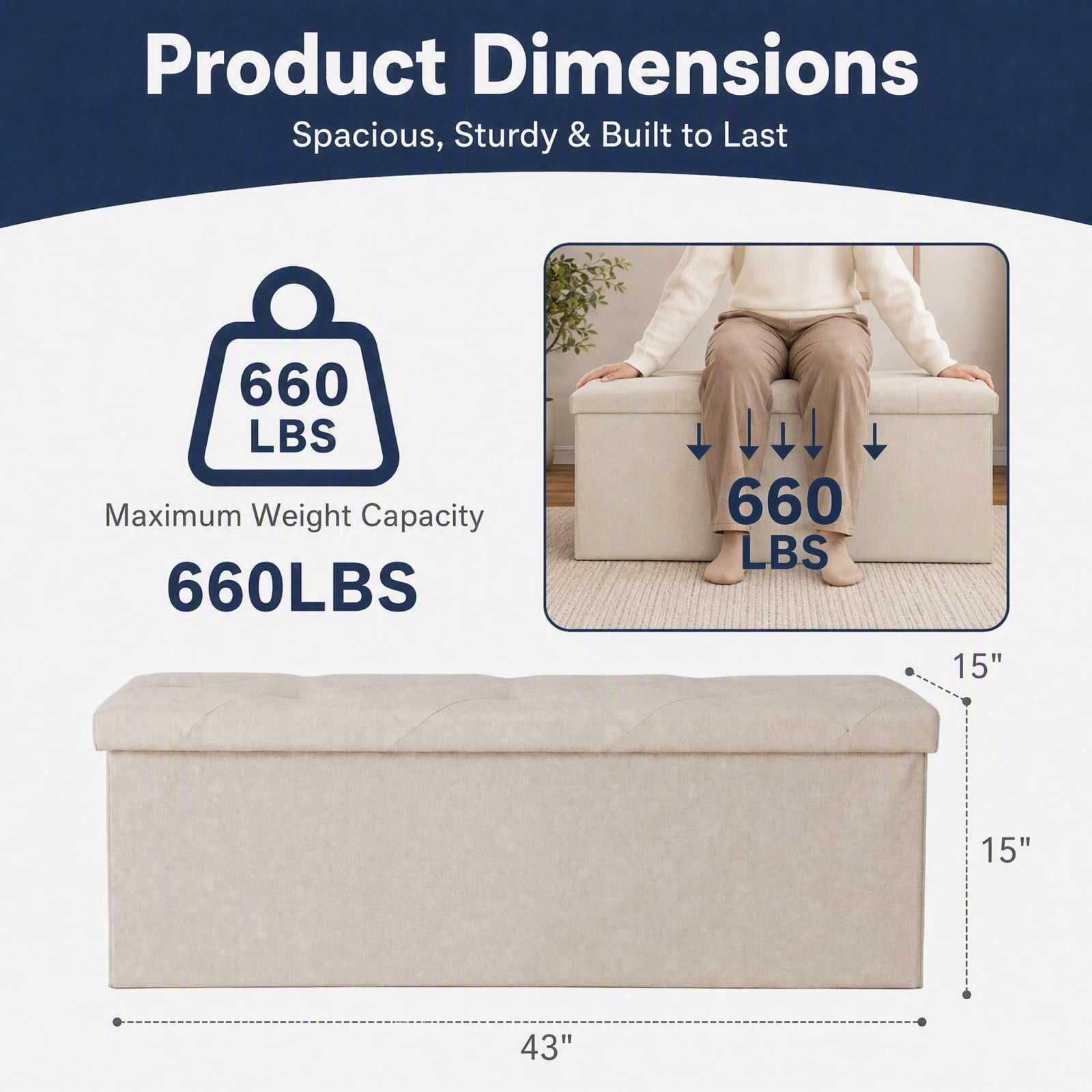 Telyra 43" Foldable Storage Ottoman Bench Fabric Footrest Stool with Foam Padded Seat, Beige