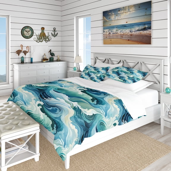 Designart "Sprayed By The Ocean" Blue Coastal Bedding Covert Set - Nautical & Coastal Bed Set With 2 Shams
