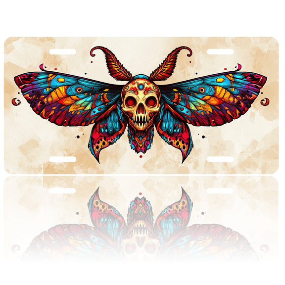 1 Pcs 2D Flat License Plate Covers & Frames, Skull Moth For Decorative Front, Waterproof For Decoration Aluminum License Plate Covers & Frames Cover For Men Women, 12" X 6"