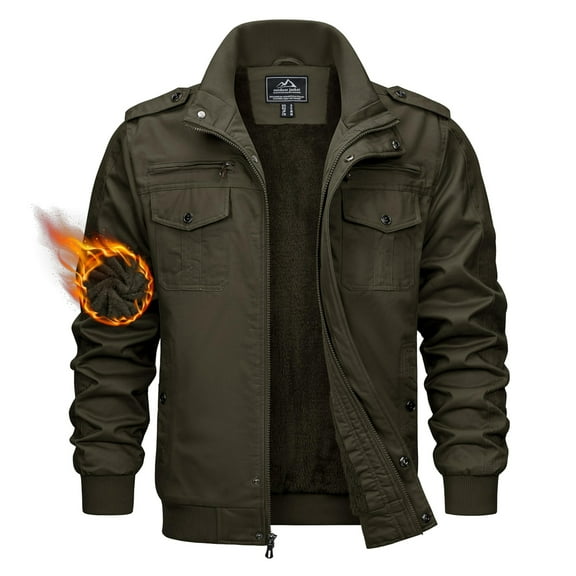 KEFITEVD Men's Winter Jacket Thicken Fleece Lined Military Jacket Cargo Windbreaker Zip Front Stand Collar Coat with Multi Pockets Casual Field Outwear Coat