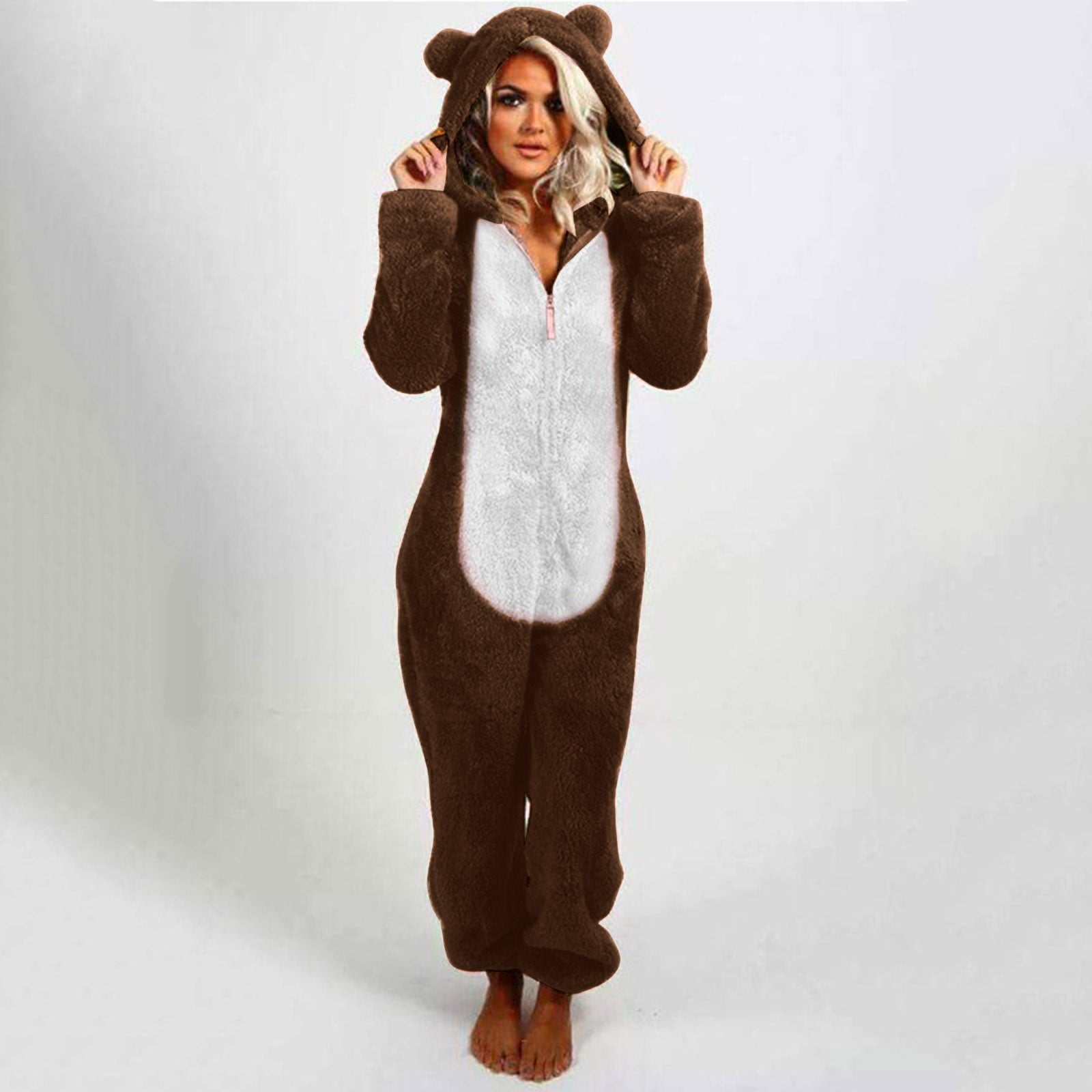 FNFYFH Pajama Onesie for Women Winter Warm Zipper Pajamas Set Cute Teddy Bear Fleece Jumpsuit Fuzzy Furry Sleepwear Sets with Hood Plus Size S-5XL