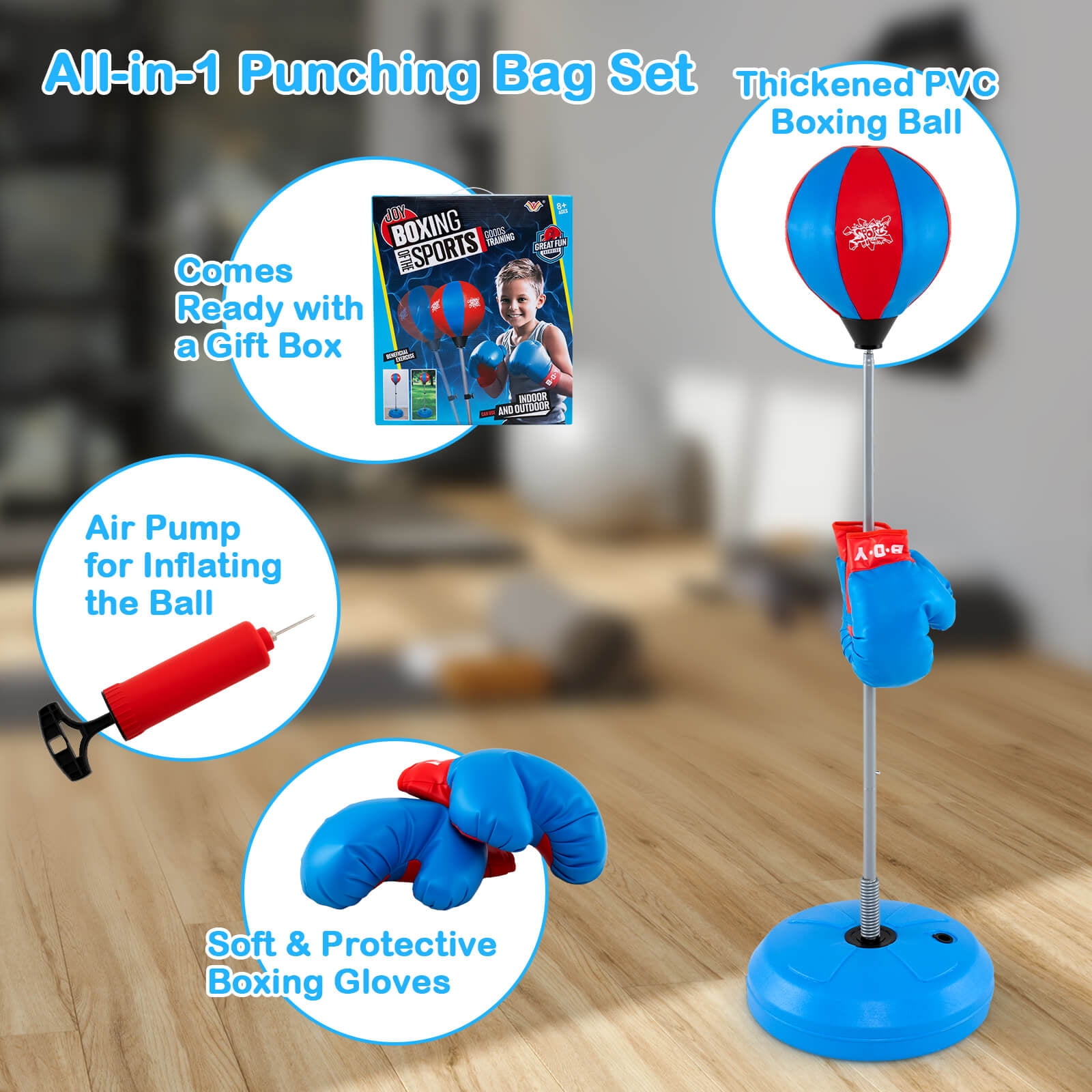 Costway Boxing Punching Bag with Height Adjustable Stand Boxing Gloves Adults Blue