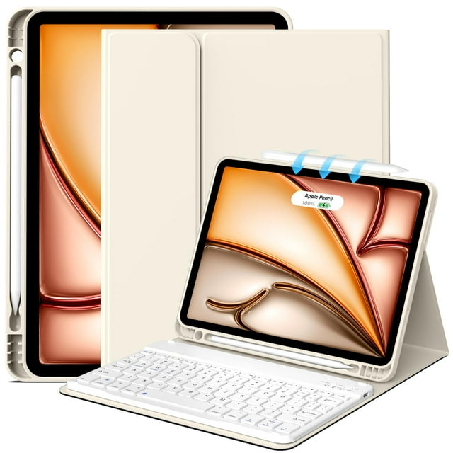 Funda con teclado JKSML para iPad Air de 11 pulgadas, M3/M2, 10,9 pulgadas, color crema