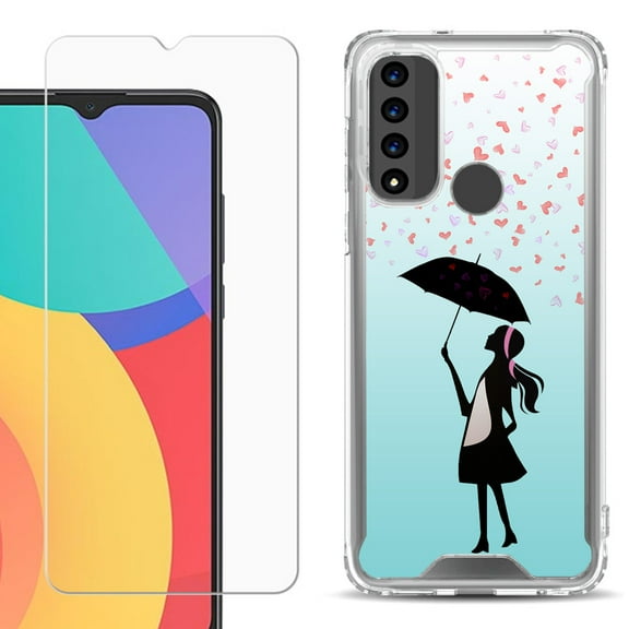 Shockproof Bumper Phone Case for TCL 20 XE, with Tempered Glass Screen Protector, by OneToughShield ® - Rain/Hearts