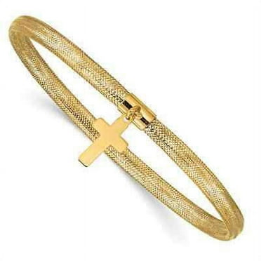 10K Yellow Gold Womens Stretch Mesh Dangle Cross Charm Bangle Bracelet Women's 7.5"