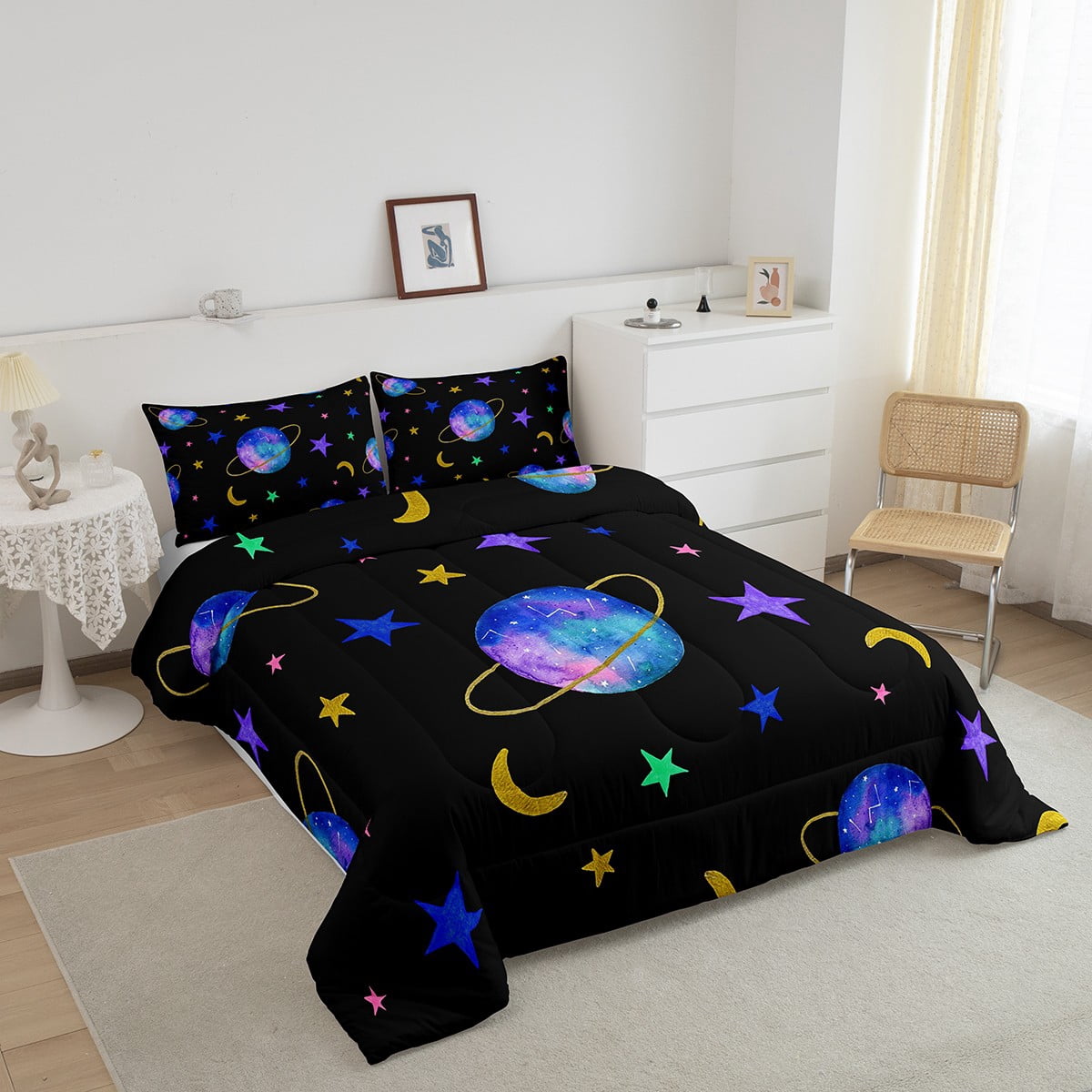 Star Bedding Queen Size Planet Comforter Sets Purple Gradient Bedding Comforter Set Outer Space Universe Themed Duvet Insert Galaxy Starry Sky Decor Quilt 3 Pcs with 2 Pillowcases