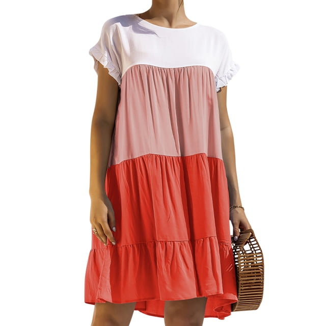 MAWCLOS Robe Tunique Midi pour Femmes Robe T-Shirt Assortie Plissée Évasée Décontractée Boho à Volants Orange L