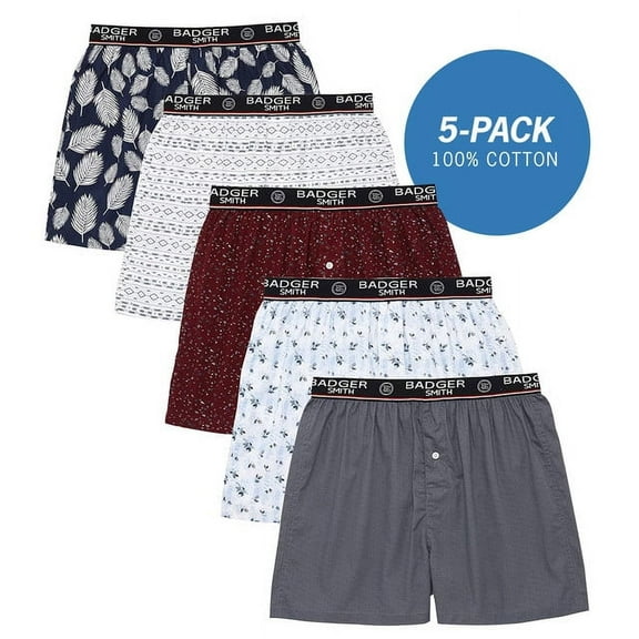 Badger Smith - Men's Boxer Shorts, Comfortable Cotton Boxers, 100% Cotton Print Multicolor Boxers for Men, Multi Pack, Large
